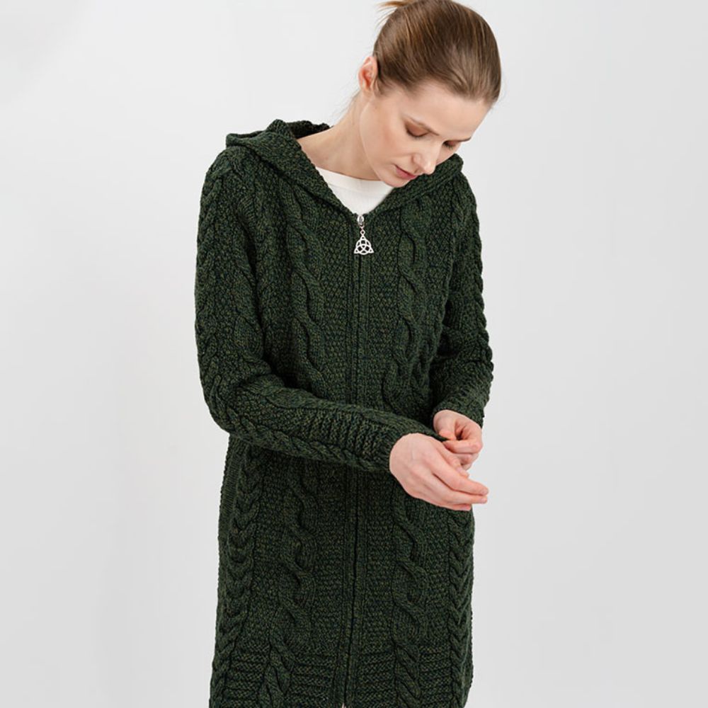 ML110 Women's Aran Merino Wool Zip Up Coat Army Green Front View Creative Irish Gift