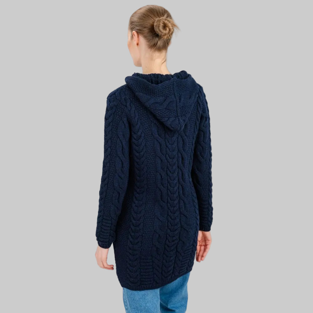 ML110 Women's Aran Merino Wool Zip Up Coat Navy Back View Creative Irish Gift
