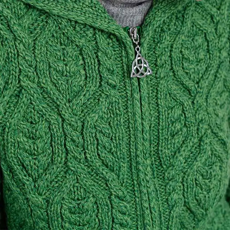 ML113-105 Women's Merino Wool Aran Leaf Zip Cardigan, Green Close Up Creative Irish Gifts