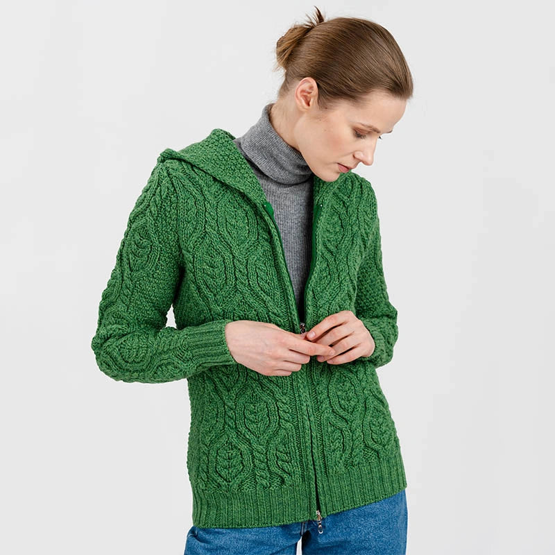 ML113-105 Women's Merino Wool Aran Leaf Zip Cardigan, Green Creative Irish Gifts