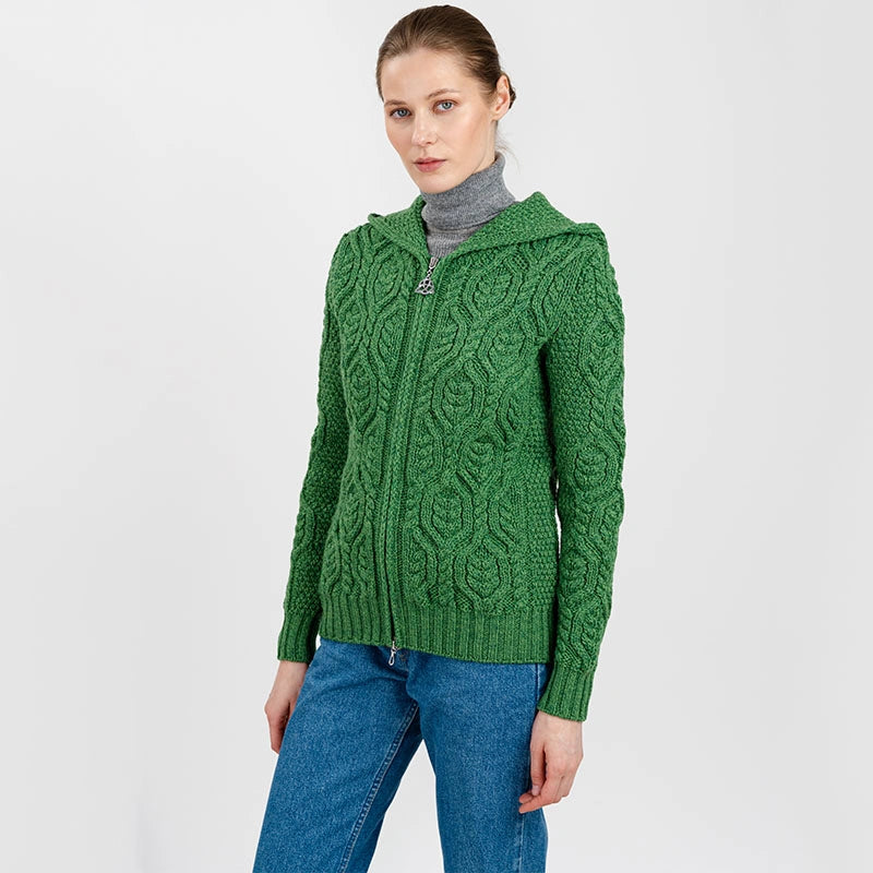ML113-105 Women's Merino Wool Aran Leaf Zip Cardigan, Green Creative Irish Gifts