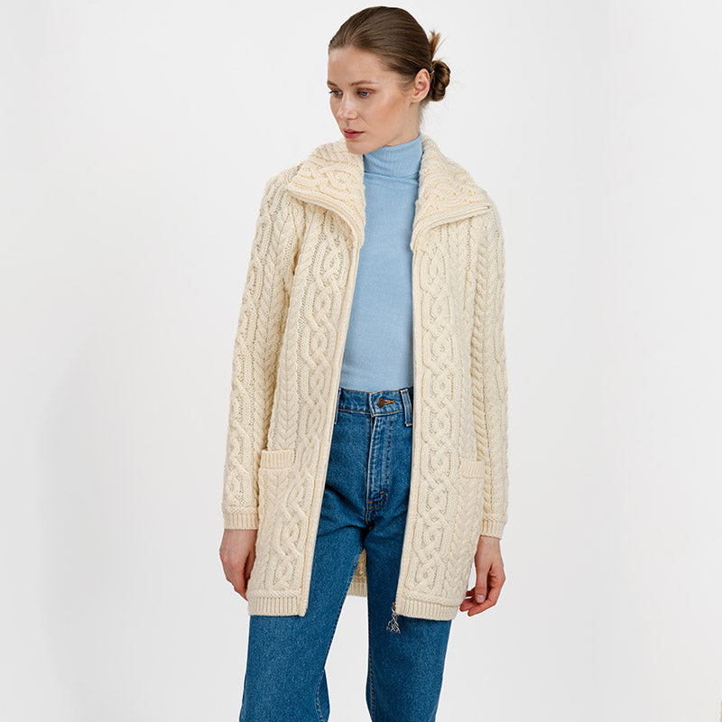 Women's Aran Knit Zip Cardigan, Natural - Creative Irish Gifts