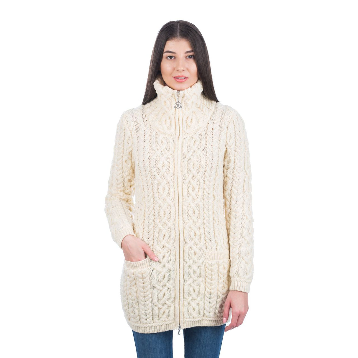 Women's Aran Knit Zip Cardigan, Natural - Creative Irish Gifts Front View