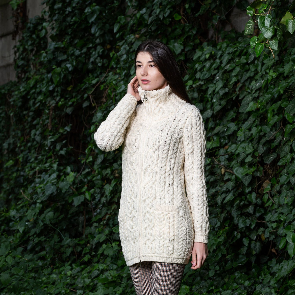 Women's Aran Knit Zip Cardigan, Natural - Creative Irish Gifts
