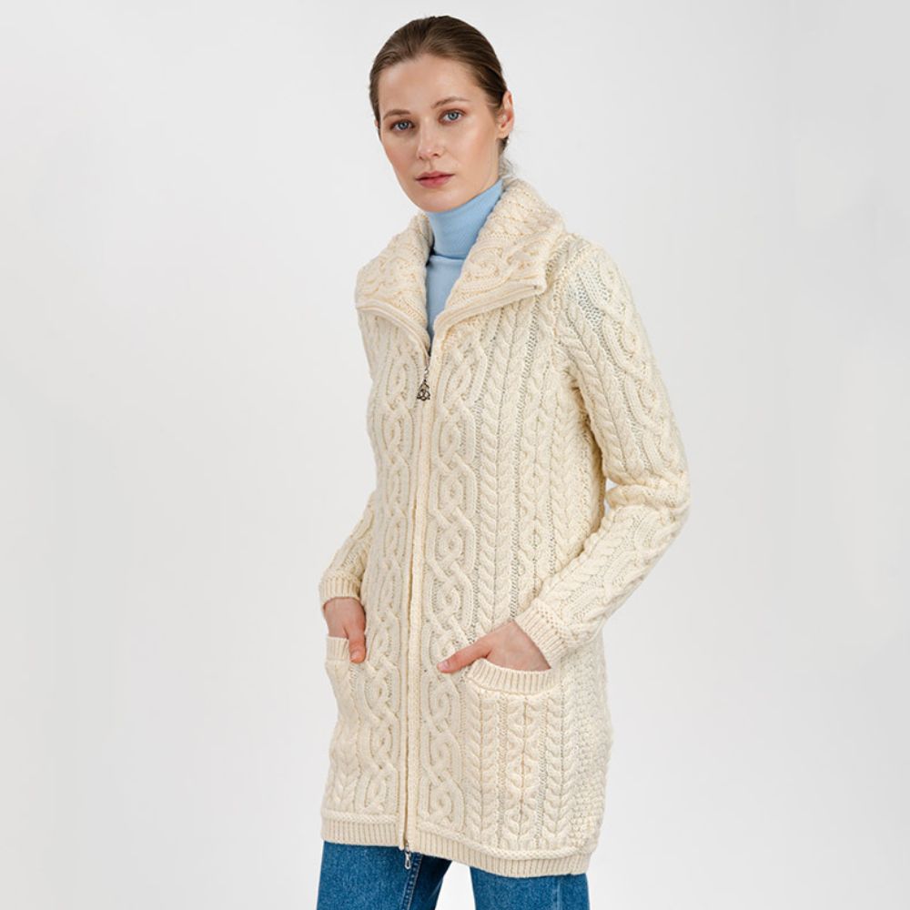 Women's Aran Knit Zip Cardigan, White Side View Creative Irish Gifts