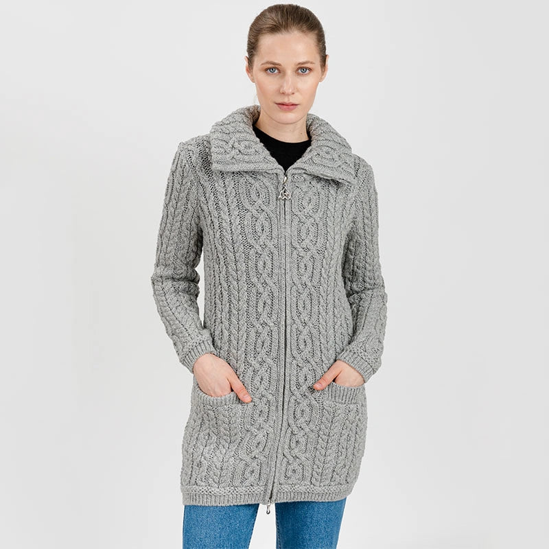 ML114-103 Women's Chunky Collar Aran Zip Cardigan, Grey Creative Irish Gifts