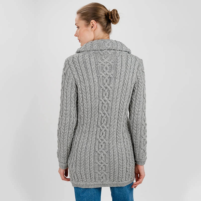ML114-103 Women's Chunky Collar Aran Zip Cardigan, Grey Back View Creative Irish Gifts