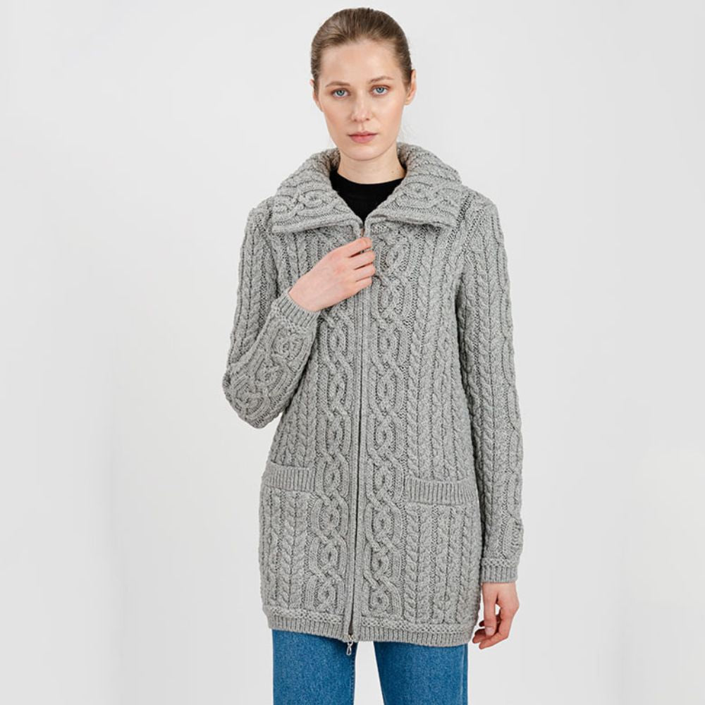 Women's Aran Knit Zip Cardigan, Grey Creative Irish Gifts