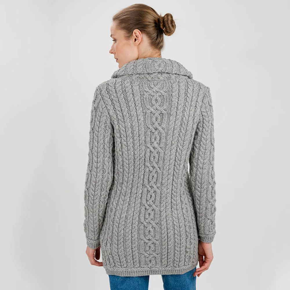 Women's Aran Knit Zip Cardigan, Grey Back View Creative Irish Gifts