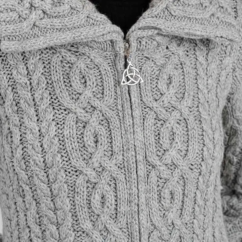 ML114-103 Women's Chunky Collar Aran Zip Cardigan, Grey Close Up Creative Irish Gifts
