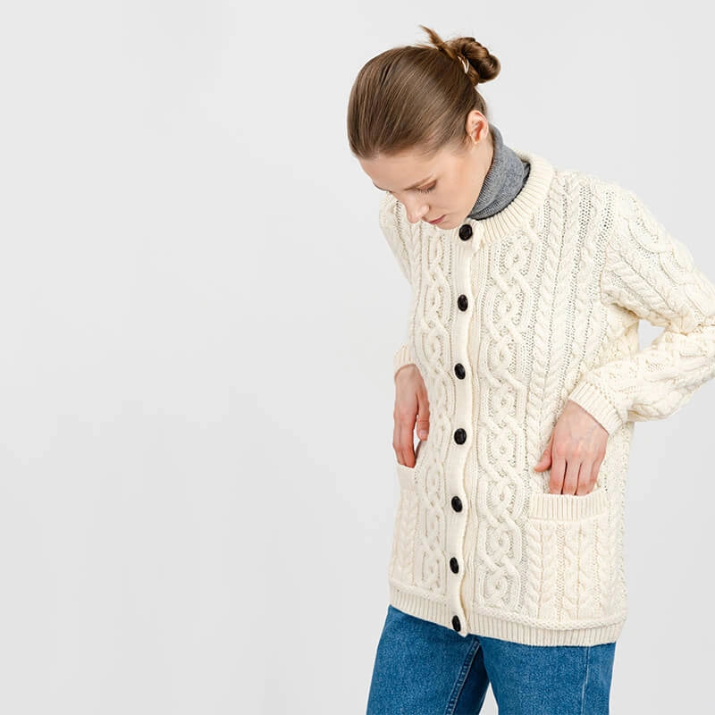 ML115-100 Ladies Merino Wool Chunky Cable Irish Cardigan, Natural Creative Irish Gifts