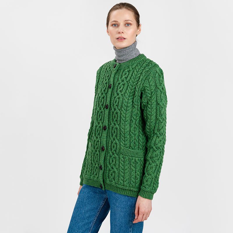 Women's Aran Knit Button Cardigan, Green Creative Irish Gifts