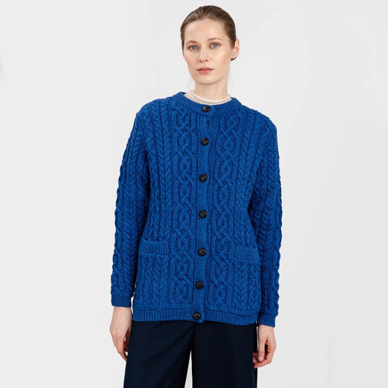 Women's Aran Knit Button Cardigan, Blue Front View Creative Irish Gifts