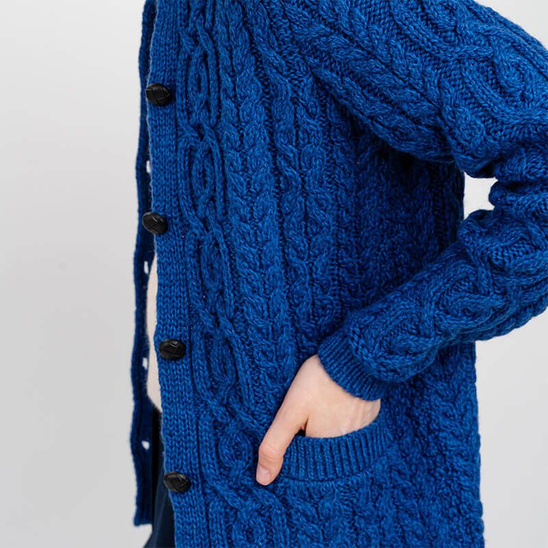 Women's Aran Knit Button Cardigan, Blue side view Creative Irish Gifts