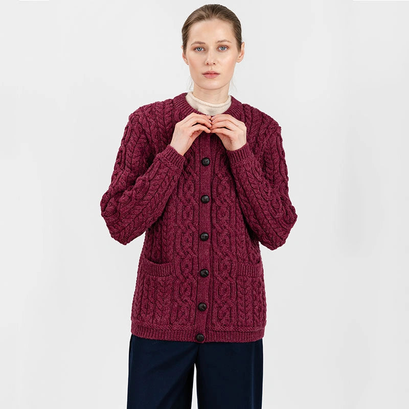 ML115-112 Ladies Merino Wool Chunky Cable Irish Cardigan, Velvet Red Creative Irish Gifts