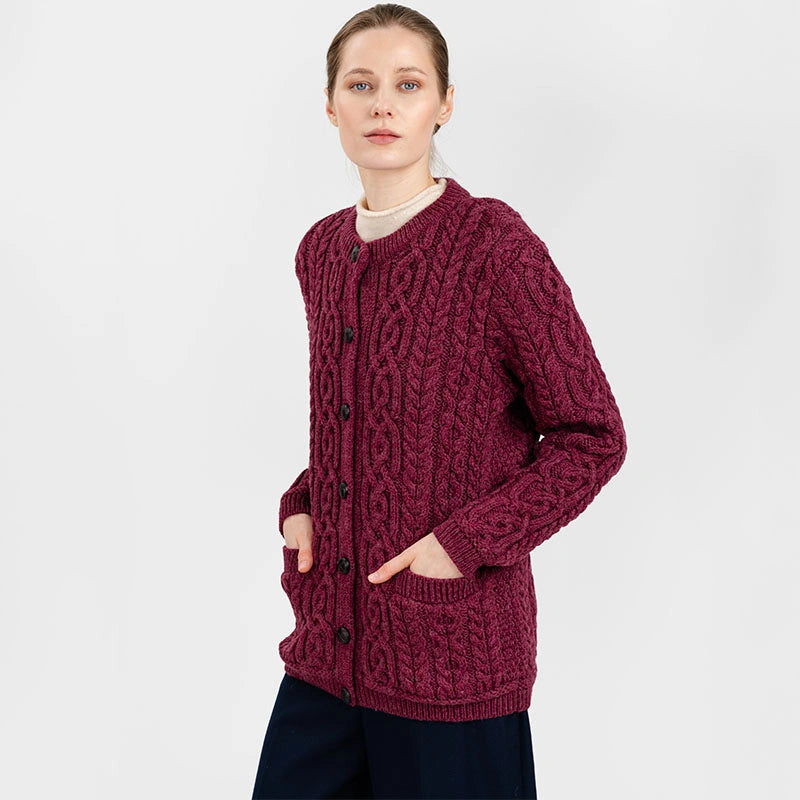 ML115-112 Ladies Merino Wool Chunky Cable Irish Cardigan, Velvet Side View Red Creative Irish Gifts