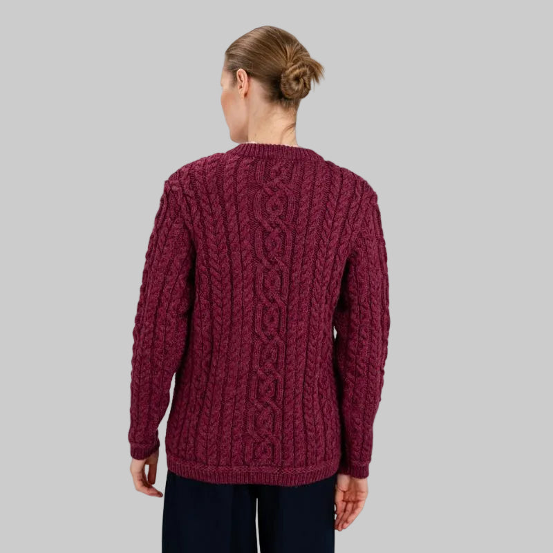 Women's Aran Knit Button Cardigan, Red Back View Creative Irish Gifts