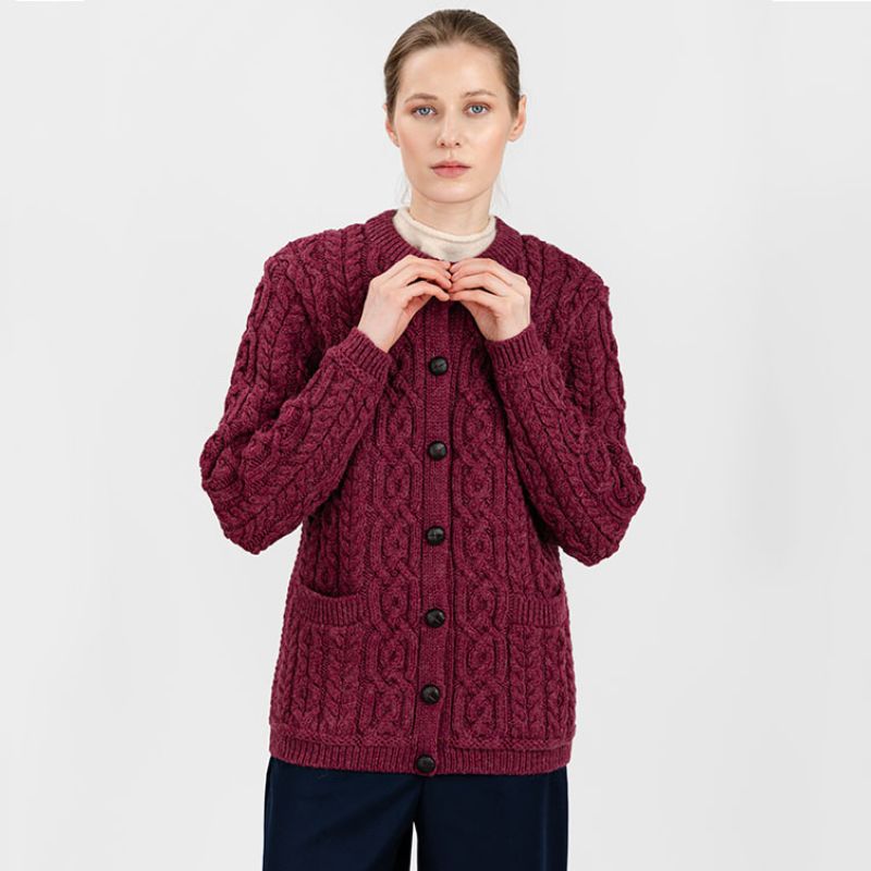 Women's Aran Knit Button Cardigan, Red Front View Creative Irish Gifts