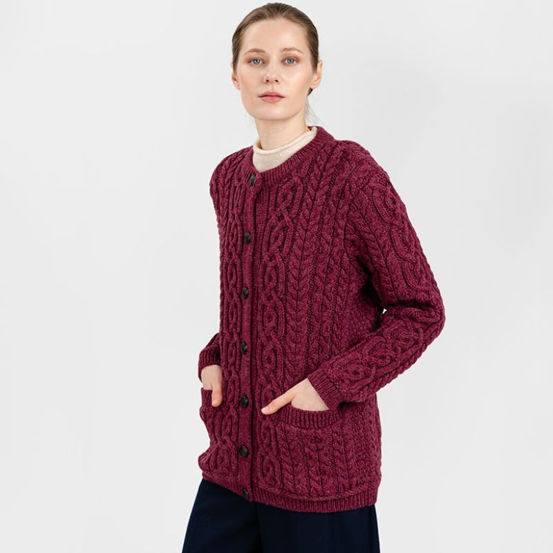 Women's Aran Knit Button Cardigan, Red Side View Creative Irish Gifts