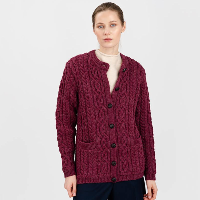 Women's Aran Knit Button Cardigan, Red Creative Irish Gifts