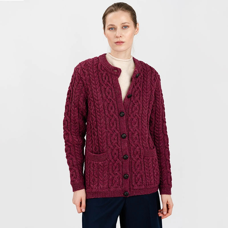 ML115-112 Ladies Merino Wool Chunky Cable Irish Cardigan, Velvet Red Creative Irish Gifts