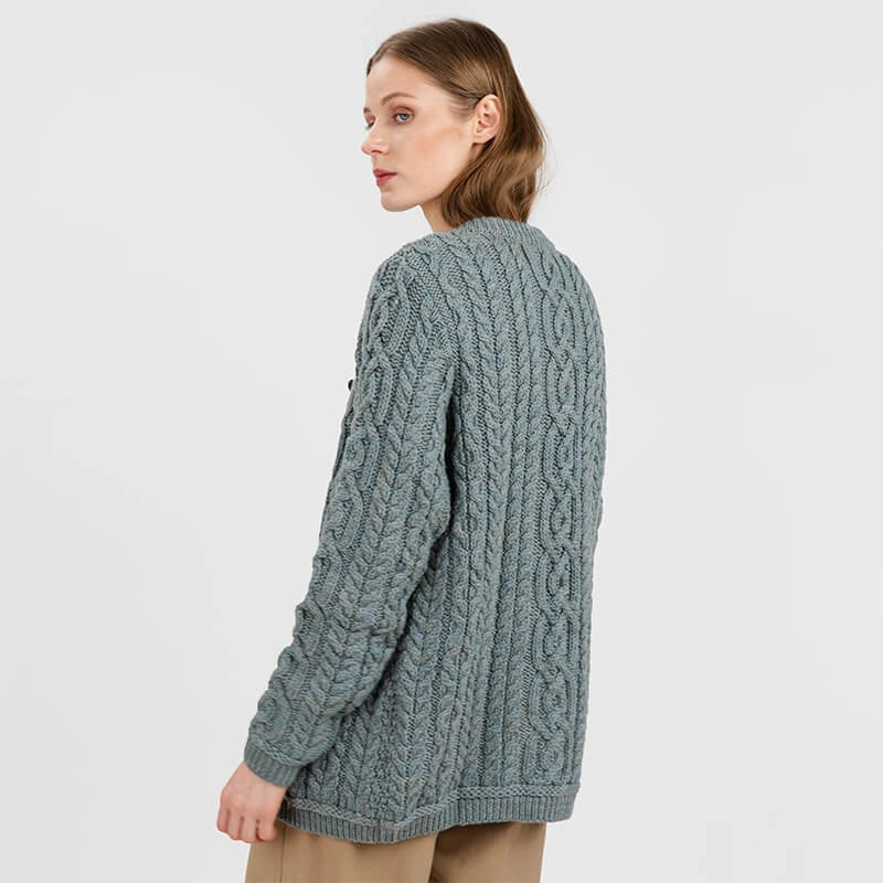 ML115-113 Ladies Merino Wool Chunky Cable Irish Cardigan, Skylight Side View Creative Irish Gifts