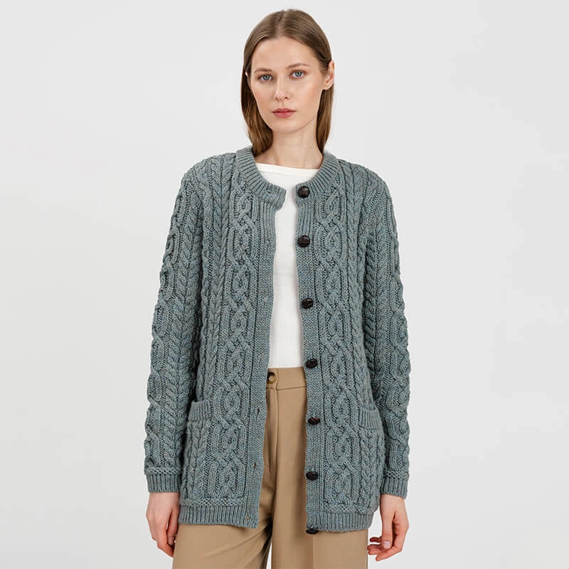 ML115-113 Ladies Merino Wool Chunky Cable Irish Cardigan, Skylight Opened Creative Irish Gifts