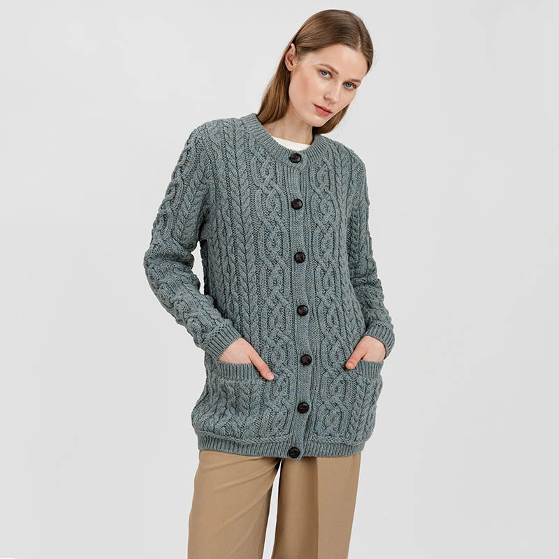 ML115-113 Ladies Merino Wool Chunky Cable Irish Cardigan, Skylight Creative Irish Gifts