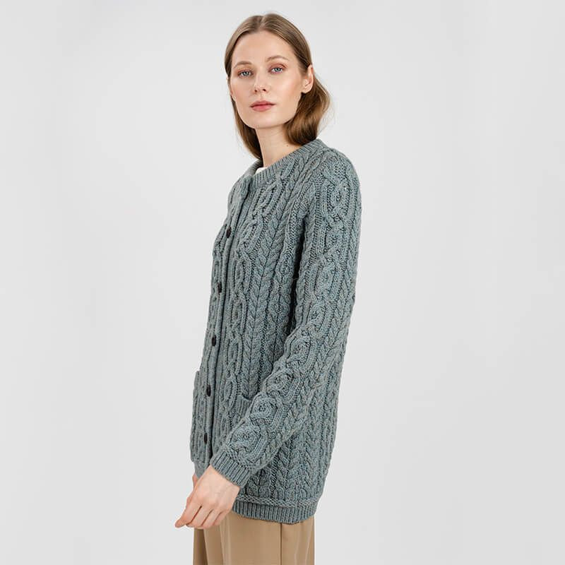 Women's Aran Knit Button Cardigan, Side View Creative Irish Gifts