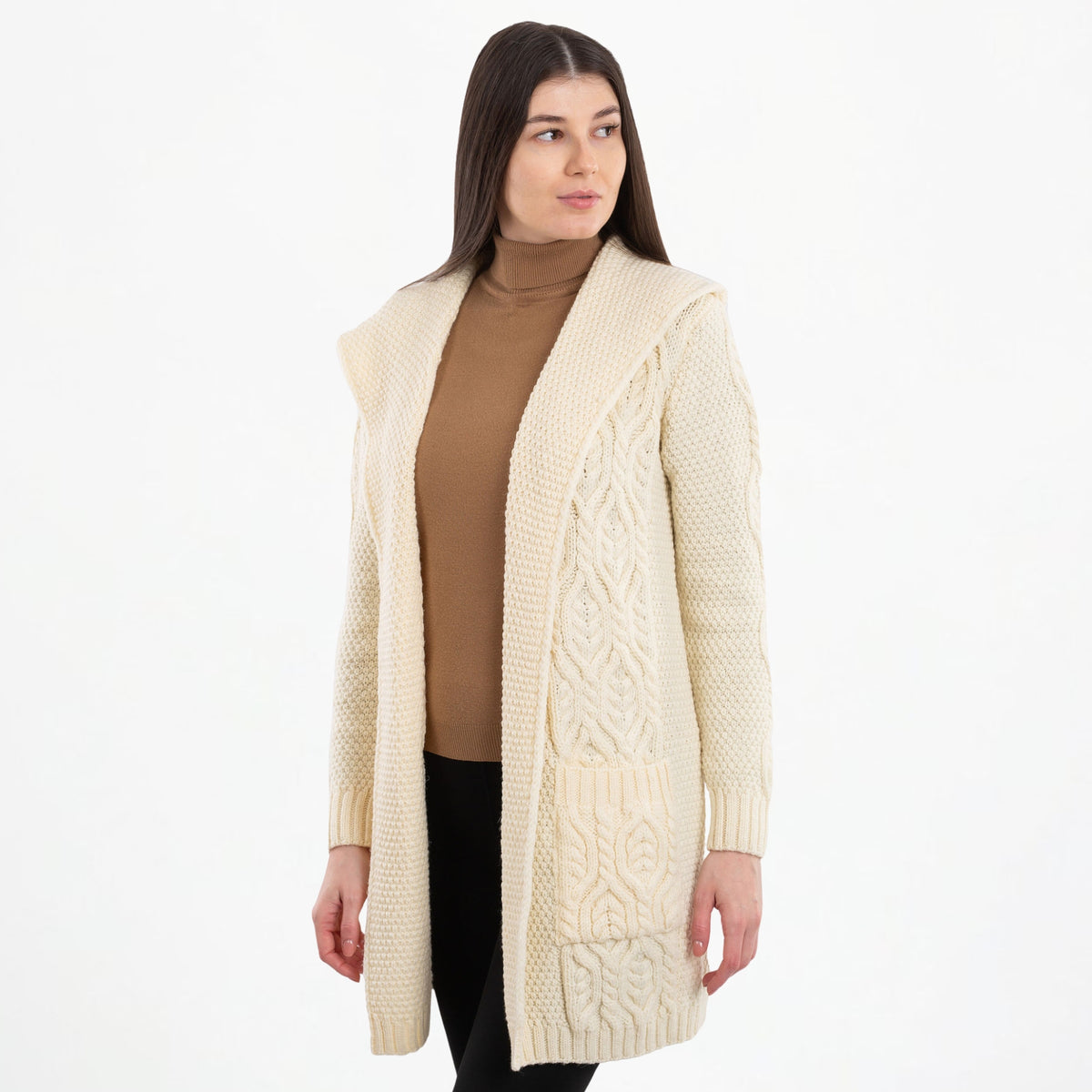 Women's Aran Knit Hooded Long Cardigan, White Front View Creative Irish Gifts