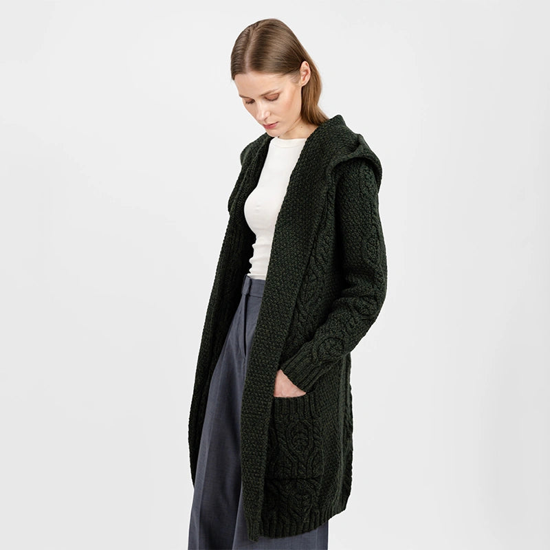 ML116-102 Women's Hooded Long Aran Cardigan, Army Green Creative Irish Gifts