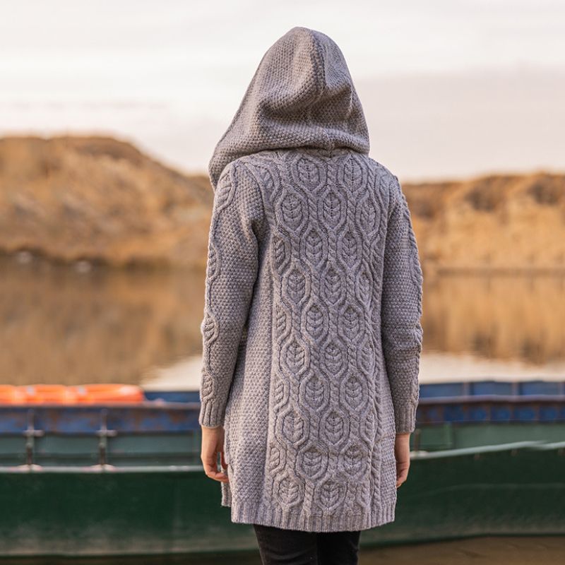 Women's Aran Knit Hooded Long Cardigan, Back View Grey Creative Irish Gifts
