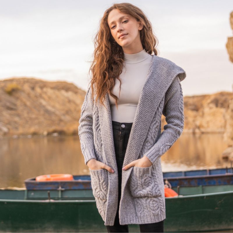 Women's Aran Knit Hooded Long Cardigan, Lifestyle Creative Irish Gifts
