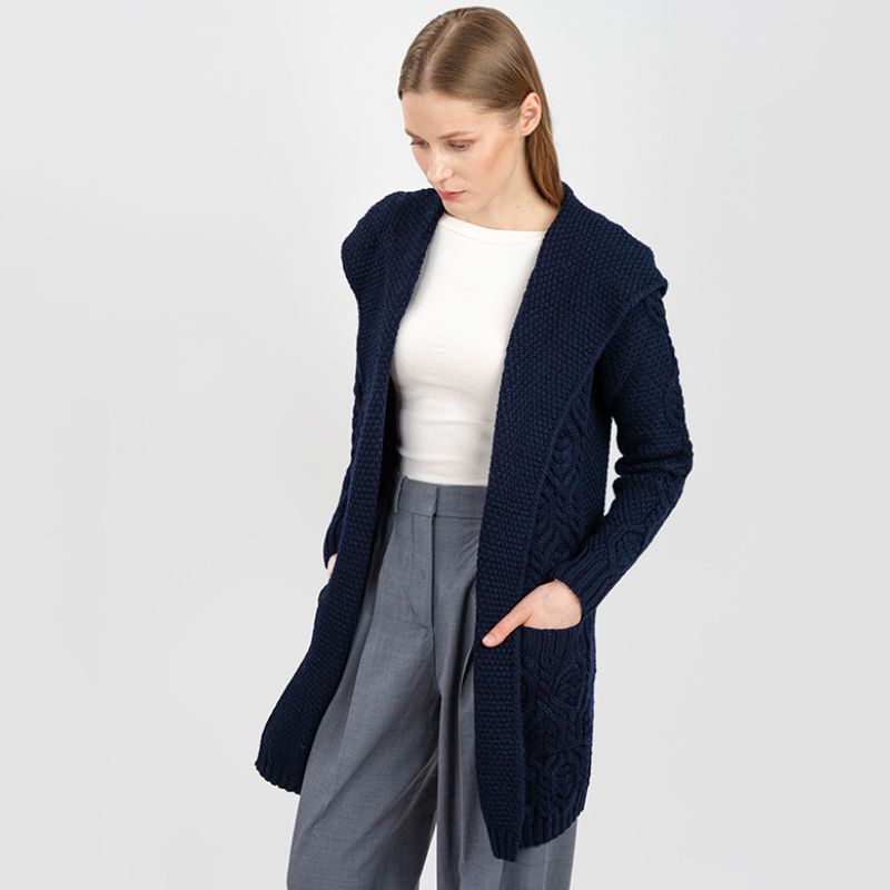 Women's Aran Knit Hooded Long Cardigan, Navy studio Creative Irish Gifts