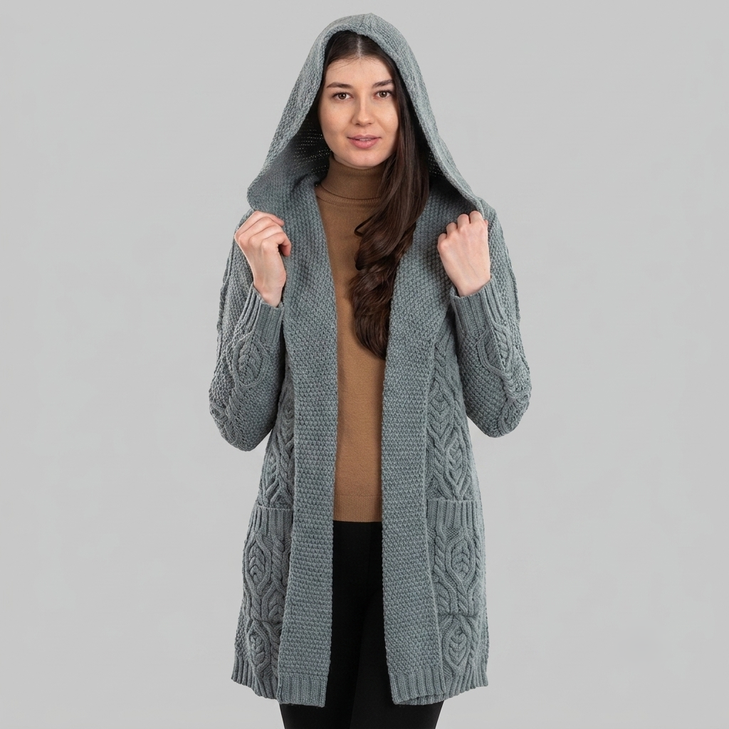 Women's Hooded Long Aran Cardigan