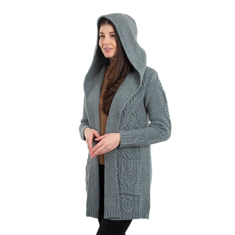 Women's Aran Knit Hooded Long Cardigan, side view Creative Irish Gifts