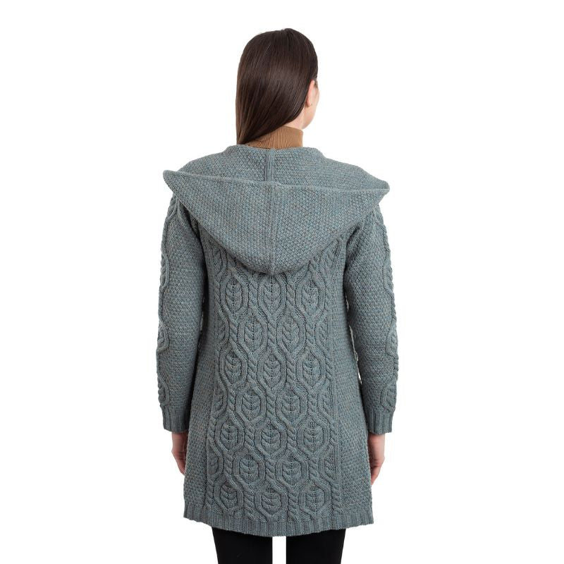 Women's Aran Knit Hooded Long Cardigan, back view Creative Irish Gifts
