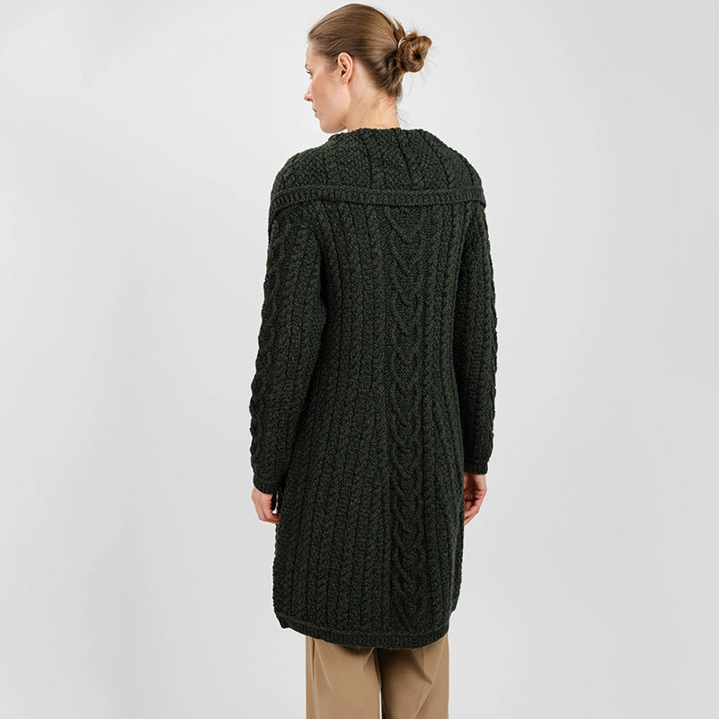 ML120-102 Women's Classic Aran Knit Cable Coat, Army Green Back View Creative Irish Gifts