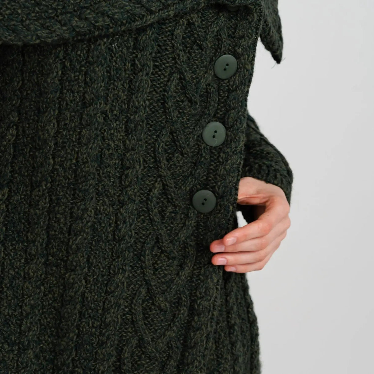 ML120-102 Women's Classic Aran Knit Cable Coat, Army Green Buttons Close Up Creative Irish Gifts