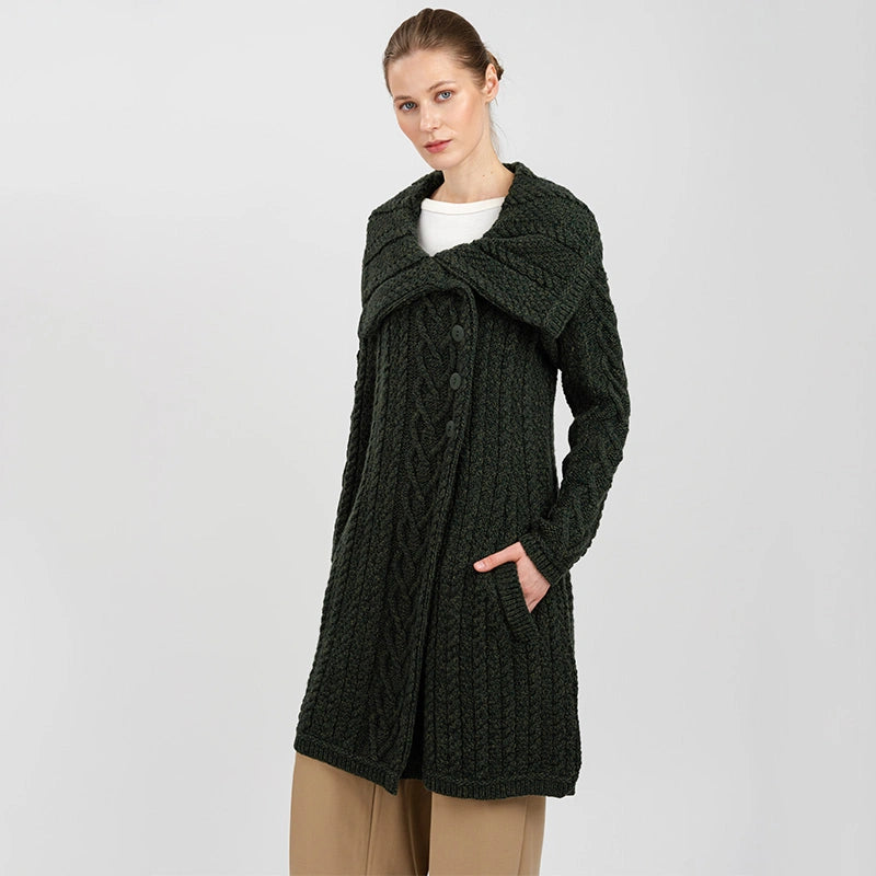 ML120-102 Women's Classic Aran Knit Cable Coat, Army Green Creative Irish Gifts