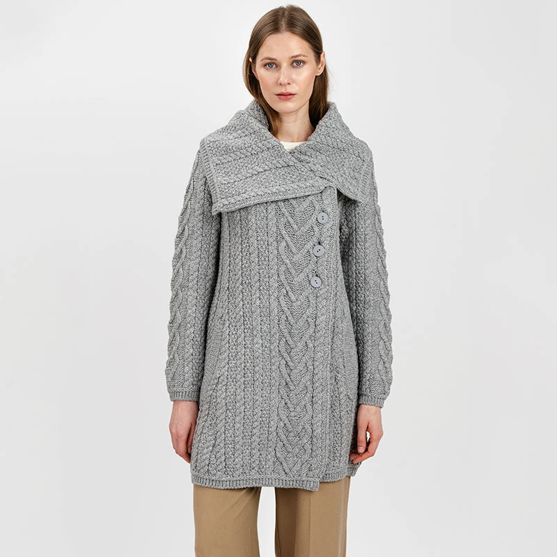 ML120-103 Women's Classic Aran Knit Cable Coat, Grey Creative Irish Gifts