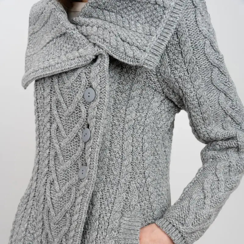 ML120-103 Women's Classic Aran Knit Cable Coat, Grey Close Up Creative Irish Gifts