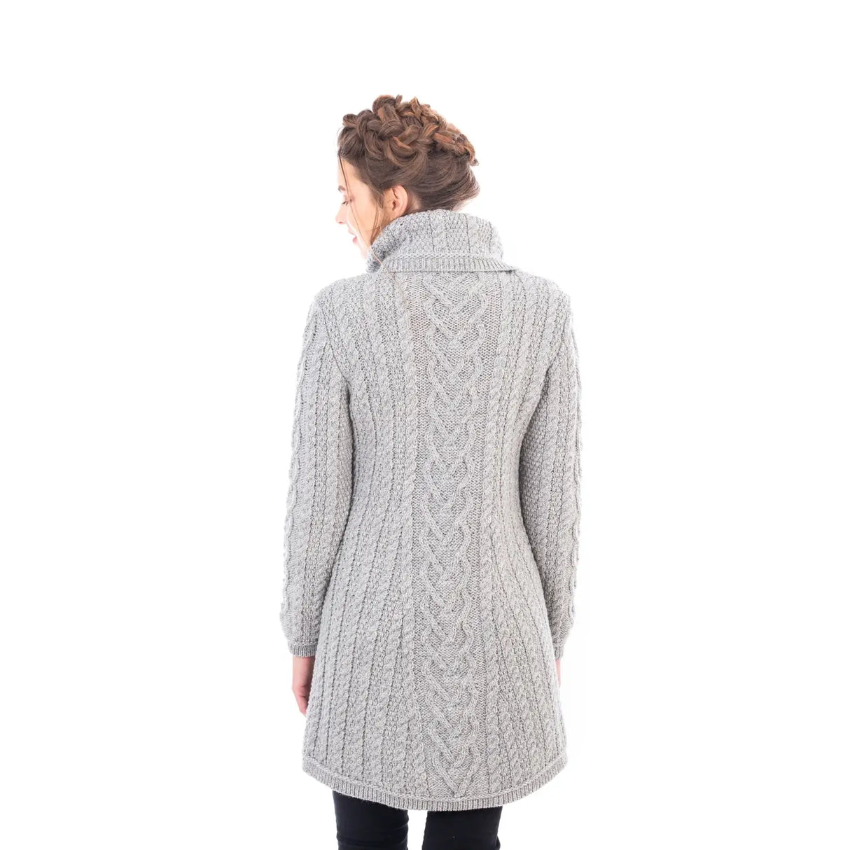 ML120-103 Women's Classic Aran Knit Cable Coat, Grey Back View Creative Irish Gifts