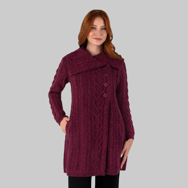 Women's Classic Aran Knit Cable Coat, Red Creative Irish Gifts