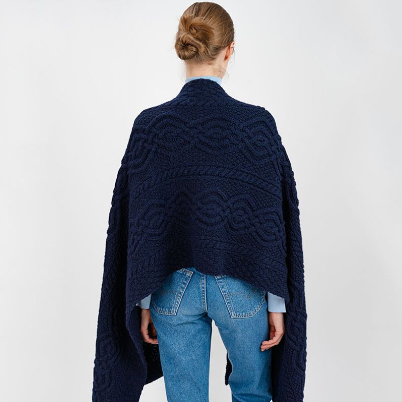 Women's Classic Cable Wool Wrap, Navy Back View Creative Irish Gifts