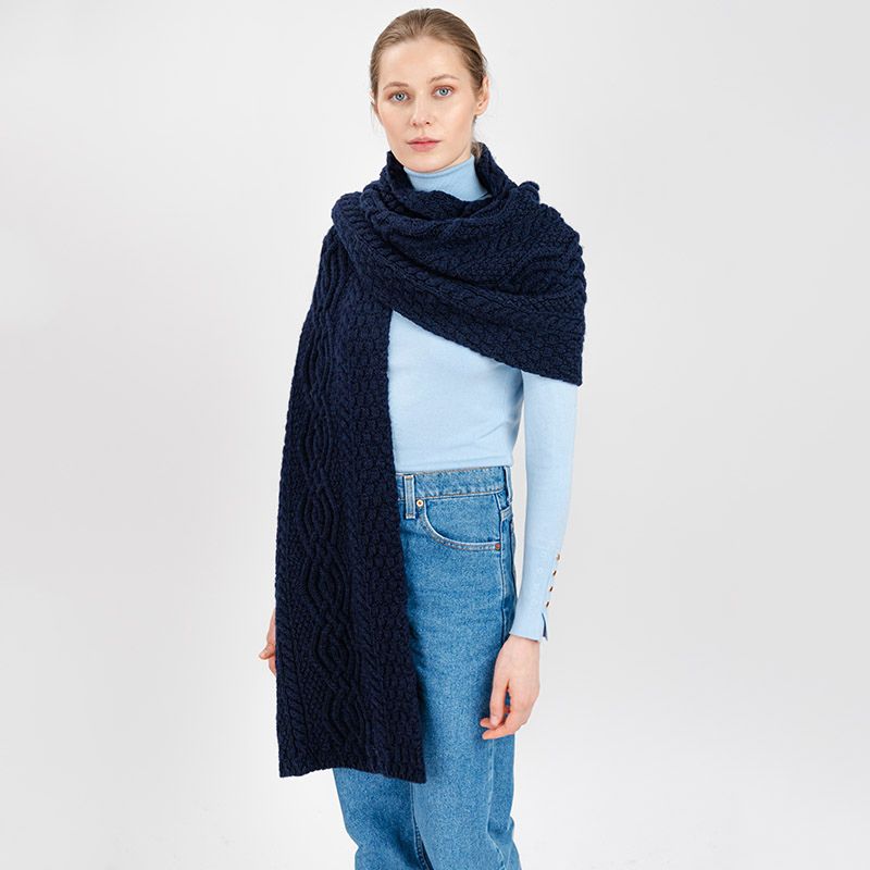 Women's Classic Cable Wool Wrap, Navy Side View Creative Irish Gifts
