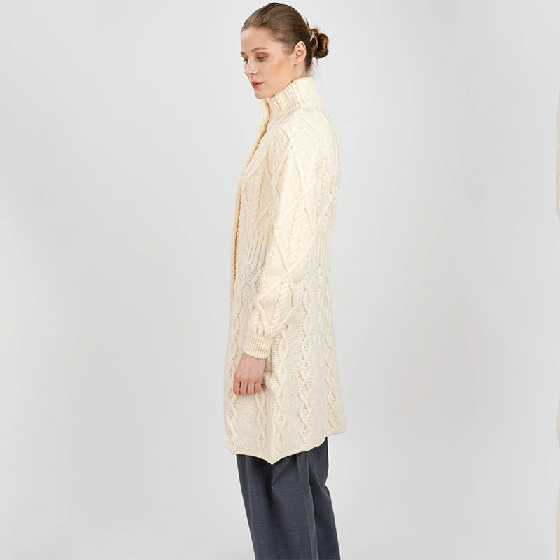 ML126-100 Women's Signature Aran Cable Knit Long Coat, Natural Side View Creative Irish Gifts