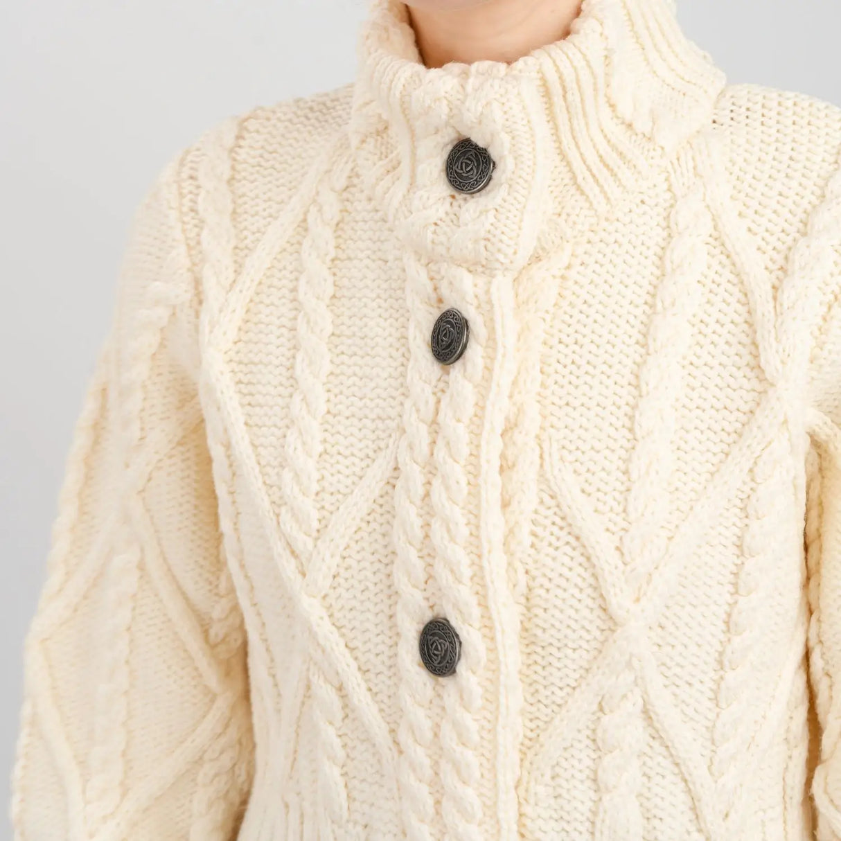 ML126-100 Women's Signature Aran Cable Knit Long Coat, Natura Close Up Creative Irish Gifts