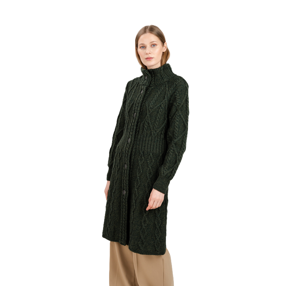ML126-102 Women's Signature Aran Cable Knit Long Coat, Army Green Creative Irish Gifts