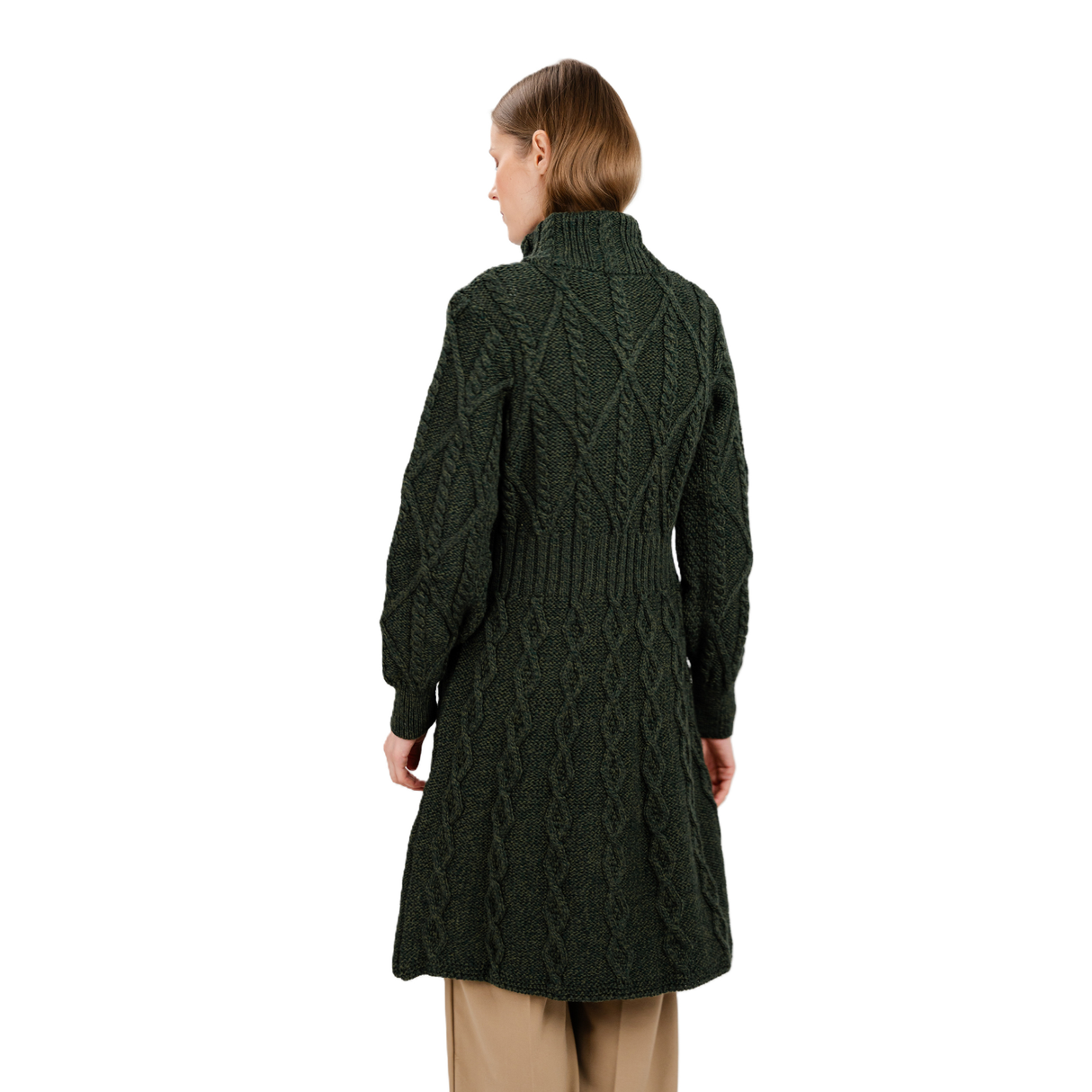 ML126-102 Women's Signature Aran Cable Knit Long Coat, Army Green Back View Creative Irish Gifts